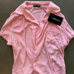 PrettyLittleThing Pink toweled short sleeve button up